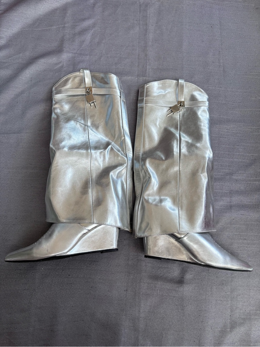 Metallic Silver Women’s Fold Over Knee  Wedge Boots Size 10